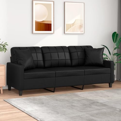KRHINO 3-Sitzer-Sofa mit Kissen, schwarz, 180 cm, Kunstleder, modernes Sofa mit abnehmbarem Kissenbezug + dicke Polsterung der Sitze, bequem, atmungsaktiver Stoff von KRHINO