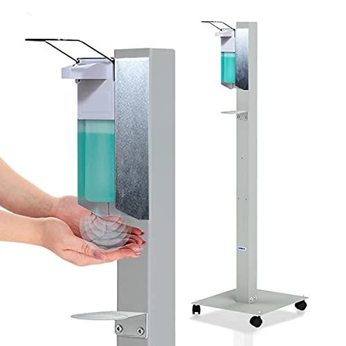 KRIEG Desinfektionsmittelständer mit Auffangteller stehend I Silber I Hygienestation freistehend & mobil I Hygienesäule mit Desinfektionsmittel I 1000 ml - 333 Sprühstöße I Ready to go von KRIEG