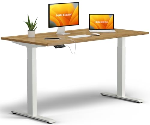 KRIEG HighDesk Basic Höhenverstellbarer Schreibtisch 120 x 70 cm I Weiß + Eiche - Elektrischer Sitz- & Stehtisch mit Tischplatte - Stehschreibtisch Elektrisch Höhenverstellbar von KRIEG