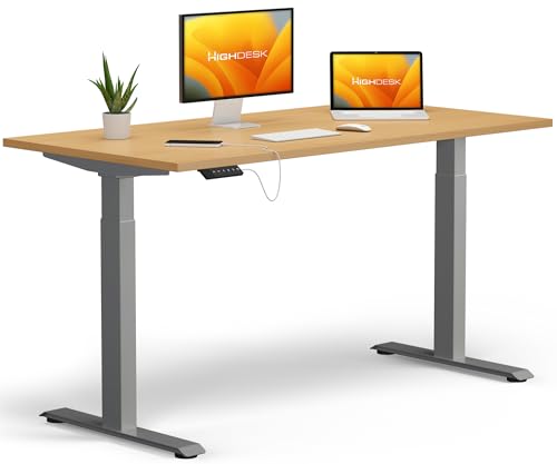 KRIEG HighDesk Basic Höhenverstellbarer Schreibtisch 140 x 80 cm I Silber + Buche - Elektrischer Sitz- & Stehtisch mit Tischplatte - Stehschreibtisch Elektrisch Höhenverstellbar von KRIEG