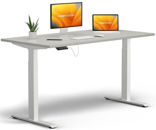 KRIEG HighDesk Basic Höhenverstellbarer Schreibtisch 140 x 80 cm I Weiß + Grau - Elektrischer Sitz- & Stehtisch mit Tischplatte - Stehschreibtisch Elektrisch Höhenverstellbar von KRIEG
