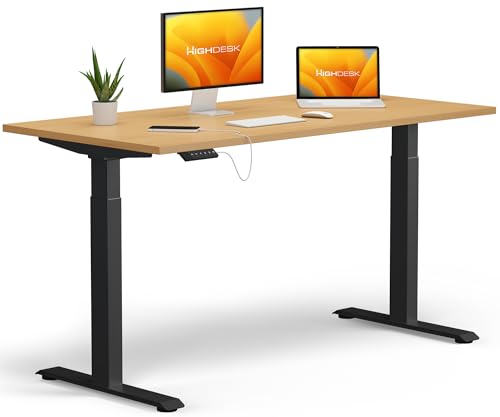 KRIEG HighDesk Basic Höhenverstellbarer Schreibtisch 160 x 70 cm I Schwarz + Buche - Elektrischer Sitz- & Stehtisch mit Tischplatte - Stehschreibtisch Elektrisch Höhenverstellbar von KRIEG