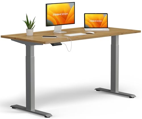KRIEG HighDesk Basic Höhenverstellbarer Schreibtisch 160 x 70 cm I Silber + Eiche - Elektrischer Sitz- & Stehtisch mit Tischplatte - Stehschreibtisch Elektrisch Höhenverstellbar von KRIEG