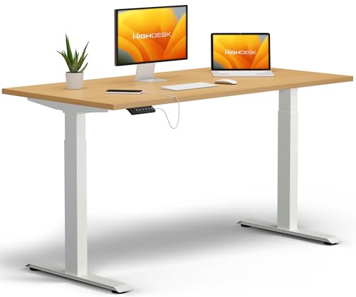 KRIEG HighDesk Basic Höhenverstellbarer Schreibtisch 200 x 80 cm I Weiß + Buche - Elektrischer Sitz- & Stehtisch mit Tischplatte - Stehschreibtisch Elektrisch Höhenverstellbar von KRIEG