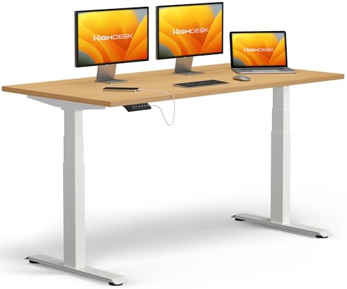 KRIEG HighDesk PRO Höhenverstellbarer Schreibtisch 140 x 80 cm I Weiß + Buche - Elektrischer Sitz- & Stehtisch mit Tischplatte - Stehschreibtisch Elektrisch Höhenverstellbar von KRIEG
