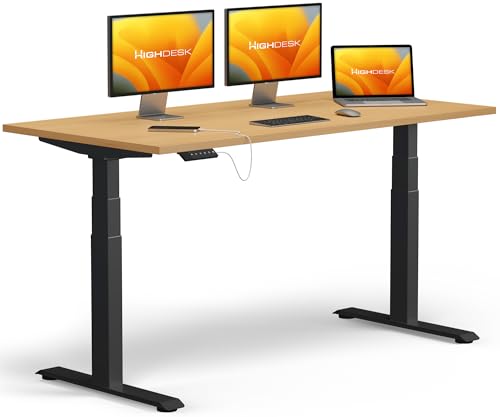 KRIEG HighDesk PRO Höhenverstellbarer Schreibtisch 200 x 80 cm I Schwarz + Buche - Elektrischer Sitz- & Stehtisch mit Tischplatte - Stehschreibtisch Elektrisch Höhenverstellbar von KRIEG