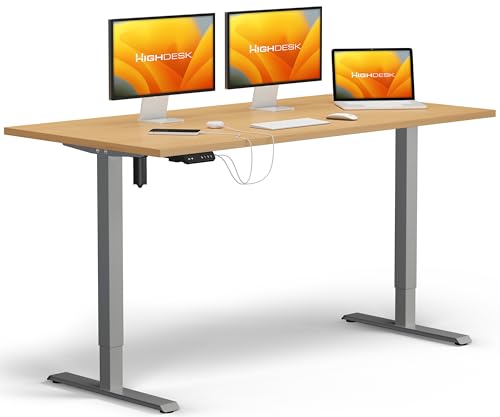 KRIEG HighDesk SMART Höhenverstellbarer Schreibtisch 120 x 70 cm I Silber + Buche - Elektrischer Sitz- & Stehtisch mit Tischplatte - Stehschreibtisch Elektrisch Höhenverstellbar von KRIEG