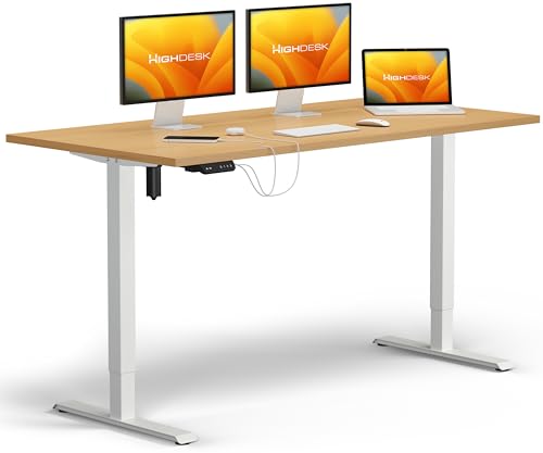 KRIEG HighDesk SMART Höhenverstellbarer Schreibtisch 120 x 70 cm I Weiß + Buche - Elektrischer Sitz- & Stehtisch mit Tischplatte - Stehschreibtisch Elektrisch Höhenverstellbar von KRIEG