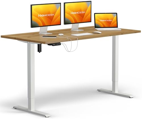 KRIEG HighDesk SMART Höhenverstellbarer Schreibtisch 120 x 70 cm I Weiß + Eiche - Elektrischer Sitz- & Stehtisch mit Tischplatte - Stehschreibtisch Elektrisch Höhenverstellbar von KRIEG