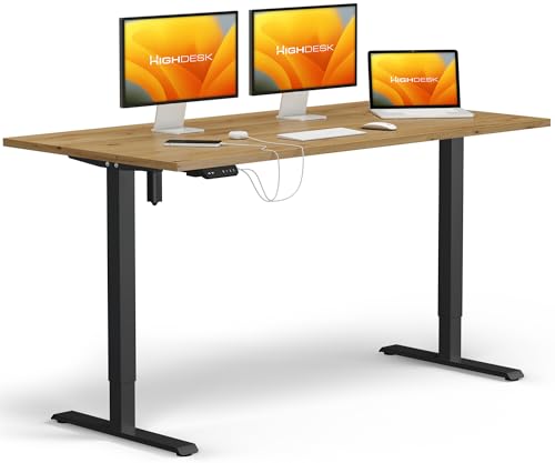 KRIEG HighDesk SMART Höhenverstellbarer Schreibtisch 140 x 80 cm I Schwarz + Eiche - Elektrischer Sitz- & Stehtisch mit Tischplatte - Stehschreibtisch Elektrisch Höhenverstellbar von KRIEG