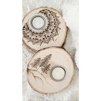 Teelicht | Holzscheibe Brandmalerei Tannen Mandala Tischdeko von KRIMSundKRAMSStore
