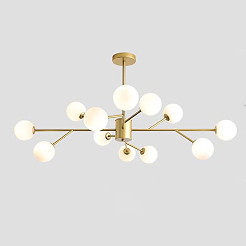 KRIPINC 12-Flammig Sputnik Kronleuchter, Kronleuchter Gold Halbbündige Montage mit Weiß Glaskugel Lampenschirm, Mid Century Höhenverstellung Kronleuchter Deckenleuchte für Wohnzimmer Schlafzimmer von KRIPINC