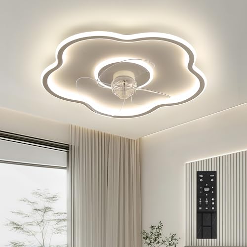 KRIPINC Blumenförmiger Deckenventilator mit Beleuchtung und Fernbedienung, Dimmbares LED Deckenleuchte mit Ventilator, 6 Windgeschwindigkeiten und 3 Farbtemperaturen, Lampe mit Ventilator, Weiß von KRIPINC