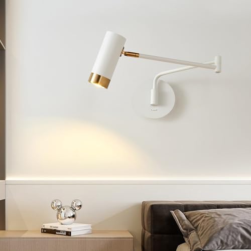 KRIPINC Industriell Wandlampe mit Schalter und Schwenkarm, E27 5W LED Schwenkbar und Ausziehbare Leselampe Wand mit Verstellbarem Langen Arm, Wandleuchte Vintage für Wohnzimmer, Schlafzimmer (Weiß) von KRIPINC
