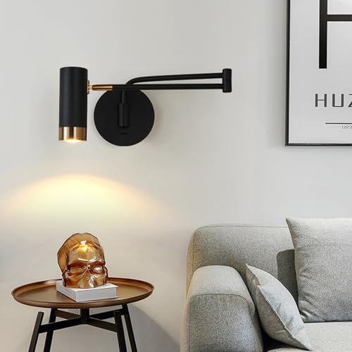KRIPINC Industriell Wandlampe mit Schalter und Schwenkarm, E27 5W LED Schwenkbar und Ausziehbare Leselampe Wand mit Verstellbarem Langen Arm, Wandleuchte Vintage für Wohnzimmer, Schlafzimmer (Schwarz) von KRIPINC