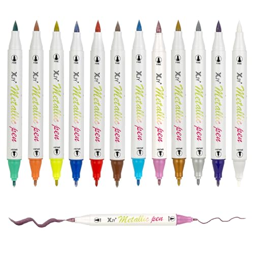 12 Farben Metallic Marker Acrylstifte Set Dual Tip Metallic Stifte Glitzerstifte Acrylfarbstifte Metallischen Marker Acryl-Farbstifte Marker für Keramik für holz, Glas, Keramik Kinder & Erwachsene von KRISFD