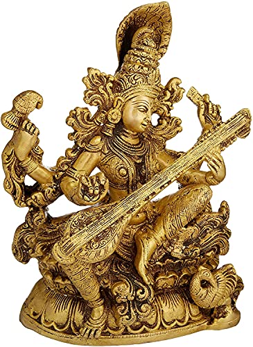 Vina-Vadini Kamalasana Saraswati Messing-Skulptur von KRISHA KRAFTS