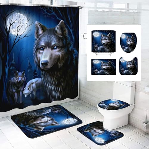 KRISIN 4 Stück/Set Wolf Duschvorhang 180 x 180 cm Wölfe Textil Wald Tier Duschvorhänge Set Polyester Stoff Wildtiere Duschvorhänge Badezimmerteppich von KRISIN