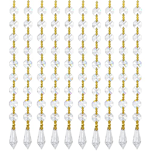 KRISININE 10 Stück hängende Kronleuchter Kristall Perlen Ketten Kristall Girlande Stränge Glas Achteck Perlen Lampenkette für Weihnachten Hochzeit Party Dekoration (Gold Pinning) von KRISININE