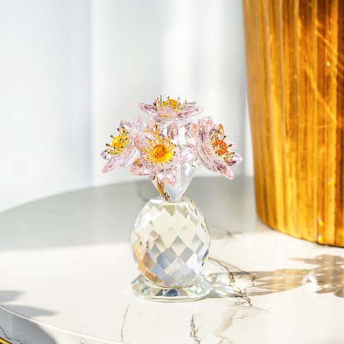 KRISININE Rosa Kristall Blume Ornament mit Sockel Blumenfigur Kollektionen Glas Blumen Blumenstrauß Geschenk für Frauen Kristall Weihnachtsdekoration für Zuhause von KRISININE