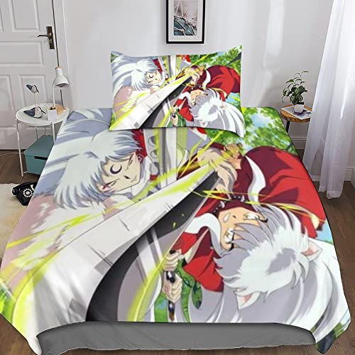 Inuyasha Drucken Bettbezug Bettwäsche Set 3teilig 3D Bettwäsche-Set Mädchen Junge Kinder Deluxe Mikrofaser Weiche Bettbezug Mit Reißverschluss Und Kissenbezüge Single（135x200cm） von KRIVS