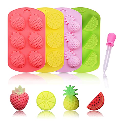 KRLIFCSL Obstförmige Backform für Süßigkeiten, einschließlich Ananas, Zitrone, Wassermelone, Erdbeere, ideal für Schokolade, Süßigkeiten, Kuchen, Eiswürfel und Gelee, 4 Stück mit 1 Pipette. (Obstform) von KRLIFCSL