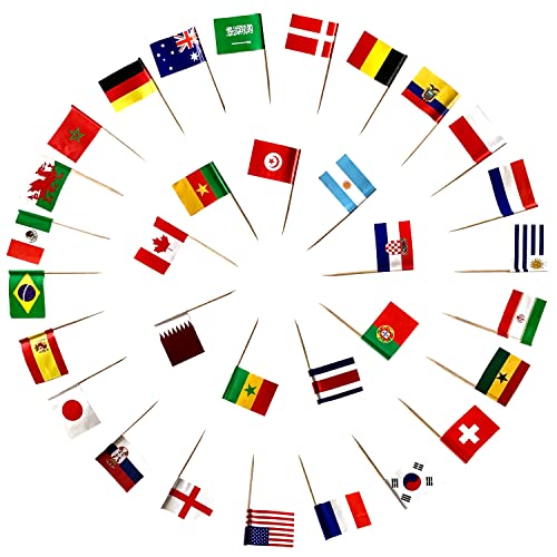 KRONLY Cocktailspieße WM alle 32 Länder Fahnen Fußball Weltmeisterschaft 2022 Deko Picker Partyspieße (64 Stück) von KRONLY