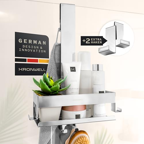 KRONWELL® Duschablage zum Hängen - rostfrei + 2 zusätzliche Haken - Duschregal zum Hängen - Duschkorb hängend Edelstahl - Shampoo Halterung für Dusche - Chrom von KRONWELL