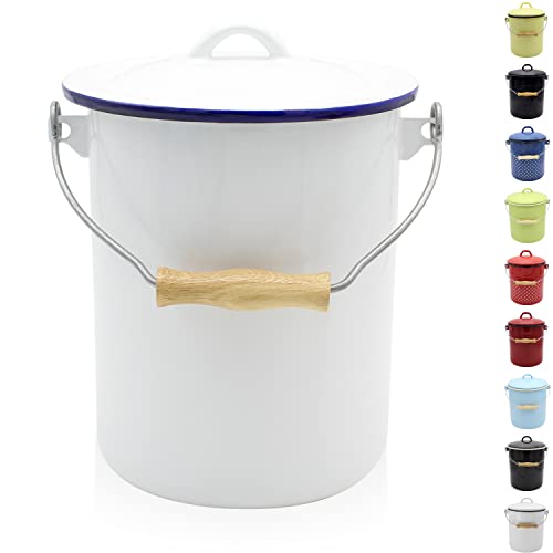 KRÜGER Mülleimer mit Deckel - Stahl Abfalleimer mit Emaille-Beschichtung und Holzgriff - schnitt- und kratzfeste Oberfläche - langlebig und vielseitig einsetzbar (3 Liter, weiß) von KRÜGER