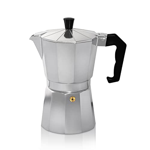 KRÜGER Aluminium-Espressokocher mit Silikon-Dichtring für 6 Tassen - schnelle und einfache Espresso-Zubereitung - Sicherheitsventil verhindert Überlaufen - handlicher Griff (silber) von KRÜGER