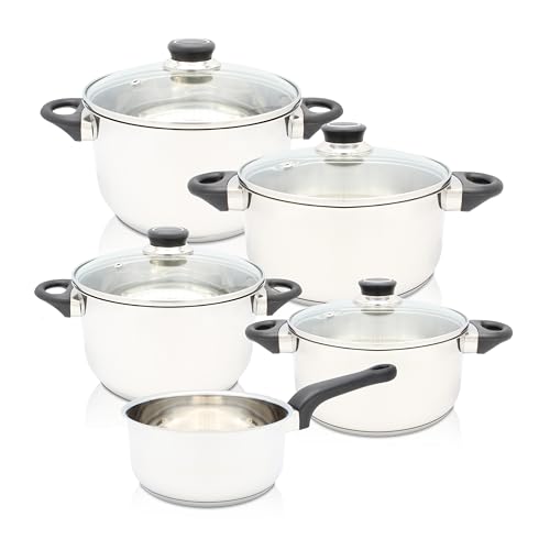 Krüger Edelstahl Kochtopf-Set Apollo 5-teilig - Topfset aus 4 Kochtöpfen und einer Stielkasserolle mit Glasdeckel zum Sichtkochen - mit 3-Schicht-Thermoboden und Schüttrand von KRÜGER