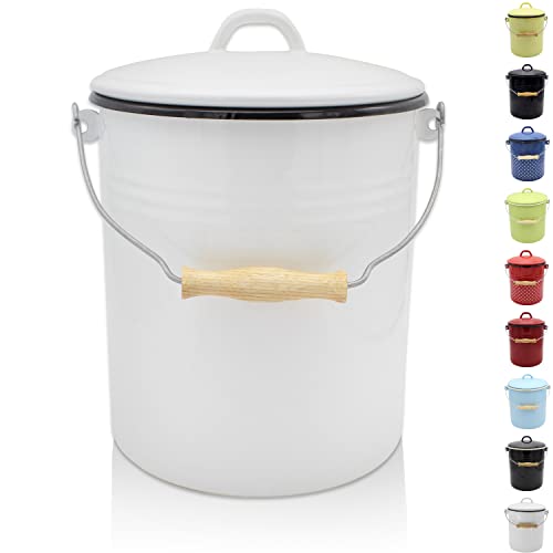 Krüger Mülleimer mit Deckel - Stahl Abfalleimer mit Emaille-Beschichtung und Holzgriff - Schnitt- und Kratzfeste Oberfläche - langlebig und vielseitig einsetzbar (10 Liter, weiß) von KRÜGER