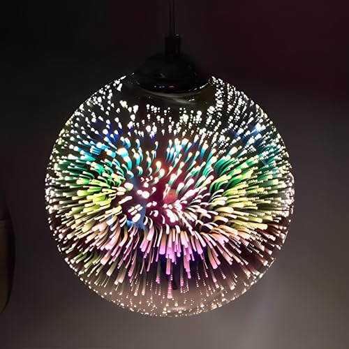 Pendelleuchte 3D Bunte - Pendelleuchte Vintage LED, Kronleuchter, Hängelampe Glas, Feuerwerk Lampenschirm, Bunt Höhenverstellbar E27 Hängeleuchte für Küche Restaurant Schlafzimmer Bar, 15cm (Silber) von KRUIHAN