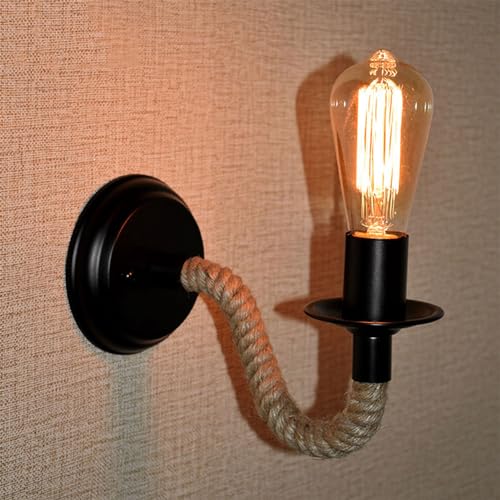 KRUIHAN Vintage-Wandleuchten Hanfseil-Leuchten E27 Lampe Schwarze industrielle Wandbeleuchtung Wandlampe Wandleuchten für Innenräume für Schlafräume,Wohnbereich,Loft (Glühbirne nicht enthalten) von KRUIHAN