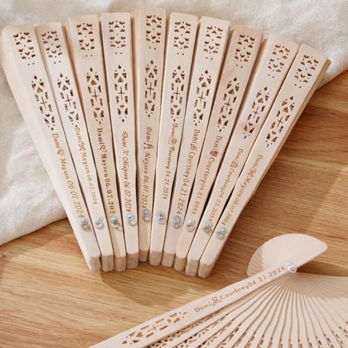 Handfächer für Hochzeit, personalisierbar, Sandelholz, rustikal, faltbar, Gastgeschenke für Gäste in großen Geschenken (10 Stück) von KRUIJHEU