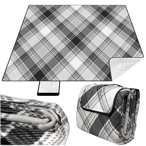 KRUMAD Picknickdecke Wasserdicht, XXL 200x200 cm, Outdoor Decke Gepolstert, Sandfrei, Camping Decke für Strand, Garten & Park, Faltbar mit Tragegriff, Leicht & Bequem (Grau-Schwarz) von KRUMAD