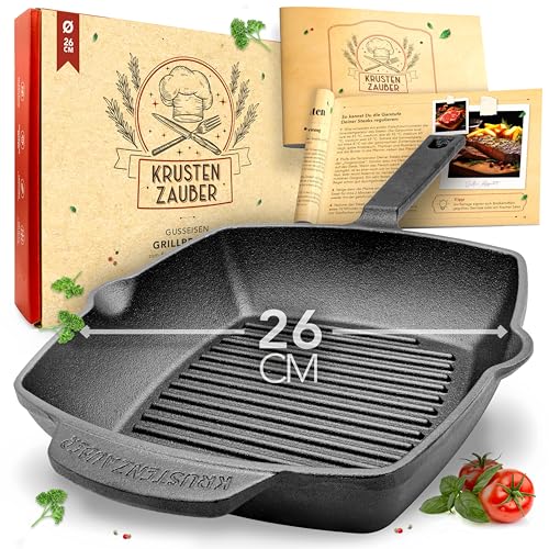 KRUSTENZAUBER 26cm Grillpfanne Induktion Stilgriff - Geriffelte Gusseisenpfanne Induktion - Ideale Gusseisen Pfanne, Eisenpfanne, Cast Iron Pan, Bratpfanne, Gusseiserne Pfanne Skillet Gusspfanne von KRUSTENZAUBER