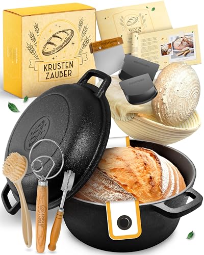 KRUSTENZAUBER Gusseisen Topf Brot Backen im XXL Set - Brotbackform mit Deckel inkl. Gärkorb, Schneebesen, Bäckermesser, Teigschaber, Brotschlinge und mehr - Perfektes Brotbacktopf Set für Anfänger von KRUSTENZAUBER