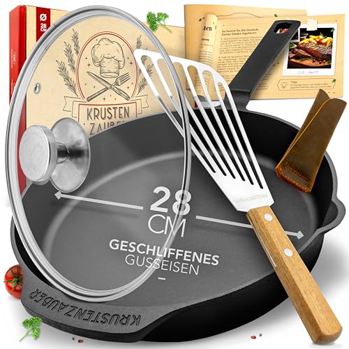 KRUSTENZAUBER 28cm Gusseisenpfanne Induktion Set - Fein Geschliffene Gusseisen Pfanne - Ideale Grillpfanne Induktion, Eisenpfanne, Cast Iron Pan, Bratpfanne, Gusseiserne Pfanne Skillet Gusspfanne von KRUSTENZAUBER