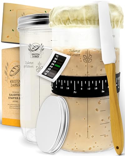 KRUSTENZAUBER 2X Sauerteig Starter Set - 2X 1000ml Gärglas mit Spatel u. Thermometer - Brot Backen Zubehör, Sauerteig Glas, Fermentieren, Sourdough Starter Kit, Anstellgut Glas, Fermentierglas von KRUSTENZAUBER