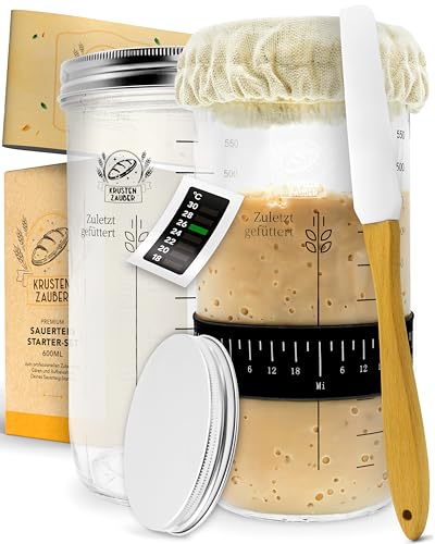 KRUSTENZAUBER 2x Sauerteig Starter Set - 2x 600ml Gärglas mit Spatel u. Thermometer - Brot Backen Zubehör, Sauerteig Glas, Fermentieren, Sourdough Starter Kit, Anstellgut Glas, Fermentierglas von KRUSTENZAUBER