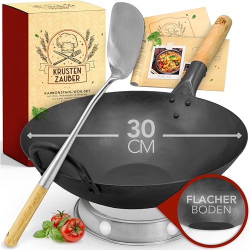 KRUSTENZAUBER 30cm Wokpfanne Induktion voreingebrannt - Traditionelle Stahlwokpfanne mit Wokwender u. Wokring - Wok Pfanne, Wok Induktion, Woklette, Wok Zubehör, Carbon Steel Wok Karbonstahl von KRUSTENZAUBER