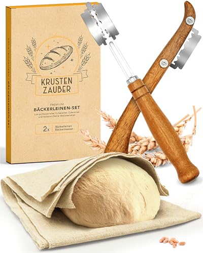 KRUSTENZAUBER Bäckerleinen und Bäckermesser Set - 2X Leinentuch 75x45cm + 2X Teigmesser - Brot Backen Zubehör, Teigschneider, Brotmesser, Gärfolie, Teigtuch, Sauerteig Starter Set, Brotklinge von KRUSTENZAUBER