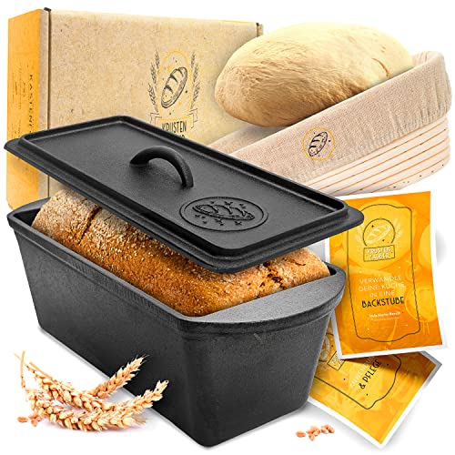 KRUSTENZAUBER Brotbackform mit Deckel inkl. Gärkorb - Robuste 28cm Backform aus Gusseisen - Ideal als Kastenform, Toastbrot Backform, Brotform, Gusseisen Topf Brot backen Zubehör, Brottopf von KRUSTENZAUBER