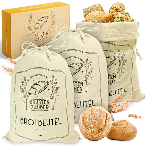 KRUSTENZAUBER Brotbeutel Leinen 3er Set - 3x Leinenbeutel 40x30cm zur Brotaufbewahrung - Idealer Brotsack, Brötchenbeutel, Brot Backen Zubehör Brotsackerl Brottasche Brot Aufbewahrung Frischhalten von KRUSTENZAUBER