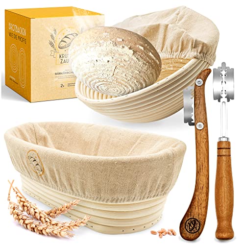 KRUSTENZAUBER Gärkorb zum Brotbacken + Bäckermesser - Set aus 2x Gärkörbchen u. 2x Teigmesser - Brot Backen Zubehör, Brotkorb, Brotbackform, Sauerteig Startet Set, Teigschneider, Gärfolie Brot, Rattan von KRUSTENZAUBER