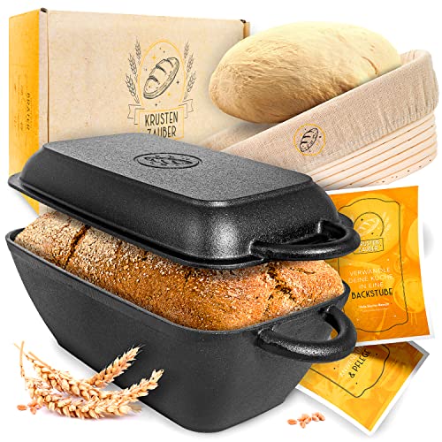 KRUSTENZAUBER 28cm Gusseisen Bräter mit Deckel backofengeeignet inkl. Gärkorb - eckiger Topf Brot Backen - Ideal als Ofenform, Induktion, Brotbacktopf, Zubehör von KRUSTENZAUBER