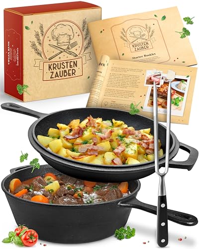 KRUSTENZAUBER Gusseisen Topf [inkl. Fleischgabel] - Robuster 26cm Gusseisen Bräter mit Deckel Backofengeeignet - Ideal als Schmortopf Induktion, Dutch Oven Set, Kazan, Cast Iron Pot, Kochtopf von KRUSTENZAUBER