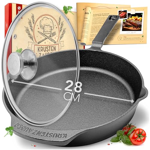 KRUSTENZAUBER 28cm Gusseisenpfanne Induktion Set - Voreingebrannte Gusseisen Pfanne - Ideale Grillpfanne Induktion, Eisenpfanne, Cast Iron Pan, Bratpfanne, Gusseiserne Pfanne Skillet Gusspfanne von KRUSTENZAUBER