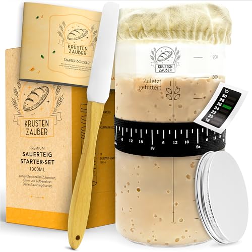 KRUSTENZAUBER Sauerteig Starter Set - 1000ml Gärglas mit Spatel u. Thermometer - Brot Backen Zubehör, Sauerteig Glas, Fermentieren, Sourdough Starter Kit, Anstellgut Glas Behälter, Fermentierglas von KRUSTENZAUBER